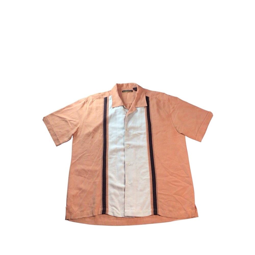 Cubavera Men's Large Peach Orange Striped Panel Embroidered Short Sleeve Shirt